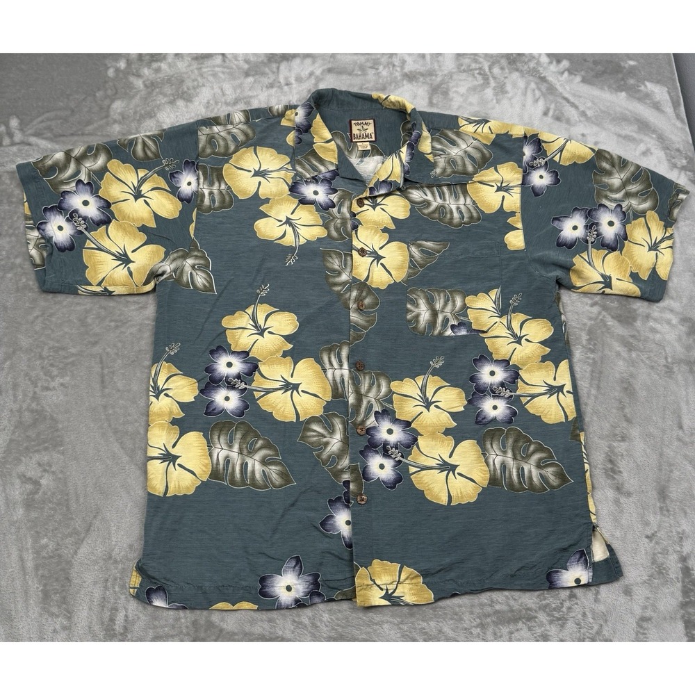 Tommy Bahama Silk Shirt Mens Large Green Camp Tropical Floral Hawaiian Vintage